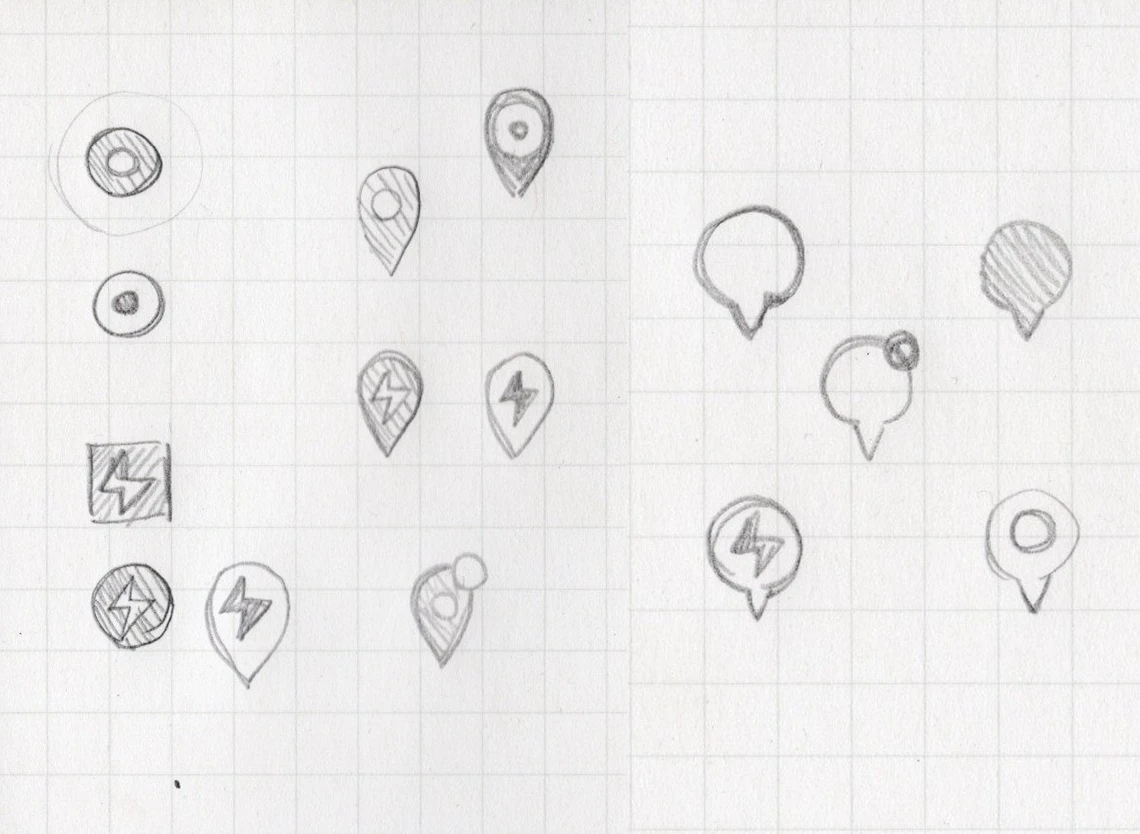 Map pin design ideation sketches